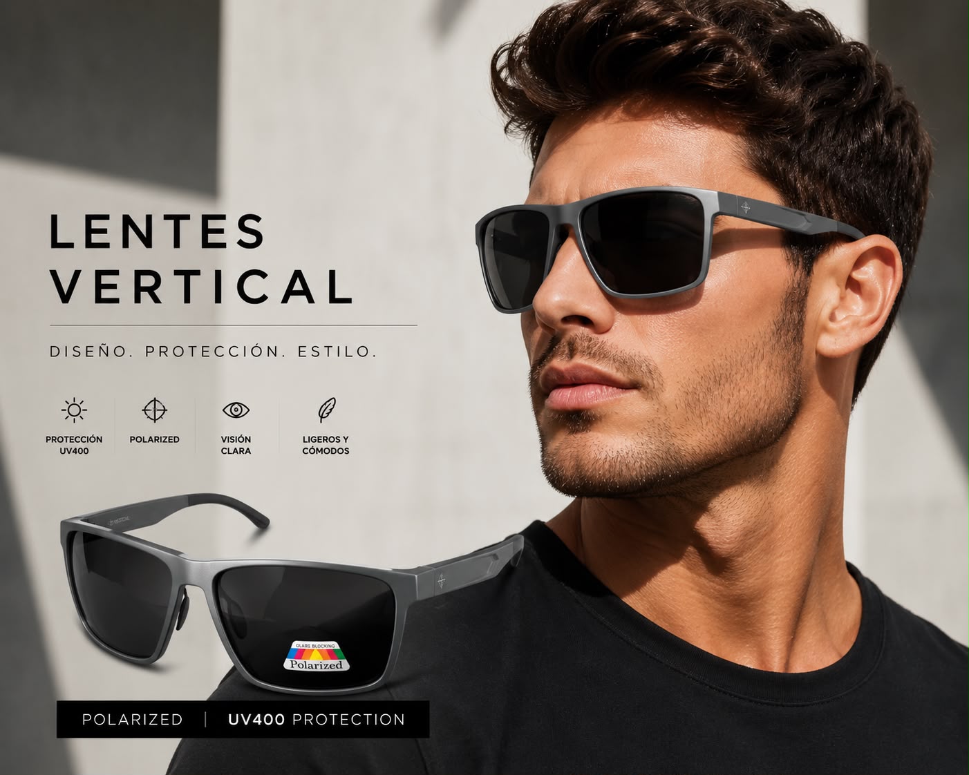 Lentes para el Sol. para caballero - Marca Vertical -Gris Negro C185