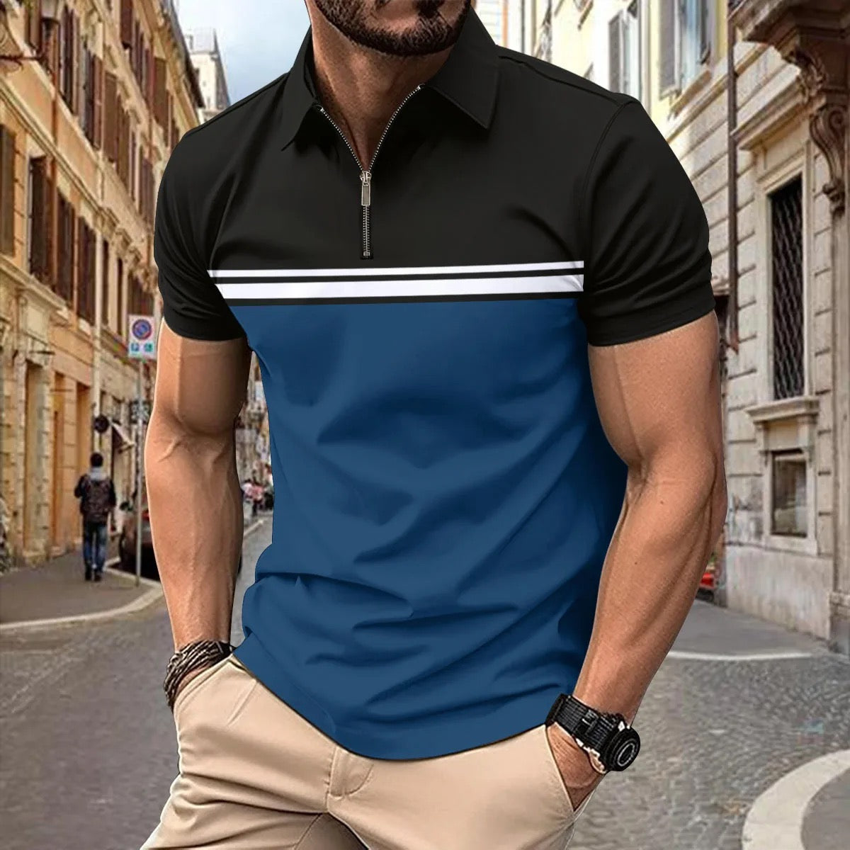 Camisa Zipper Tipo Polo - S003/Negro-Celeste