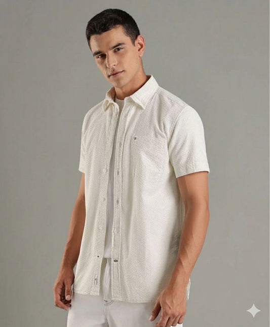 Camisa Tipo Polo Manga Corta Tommy Hilfiger-Blanca con Líneas  US69