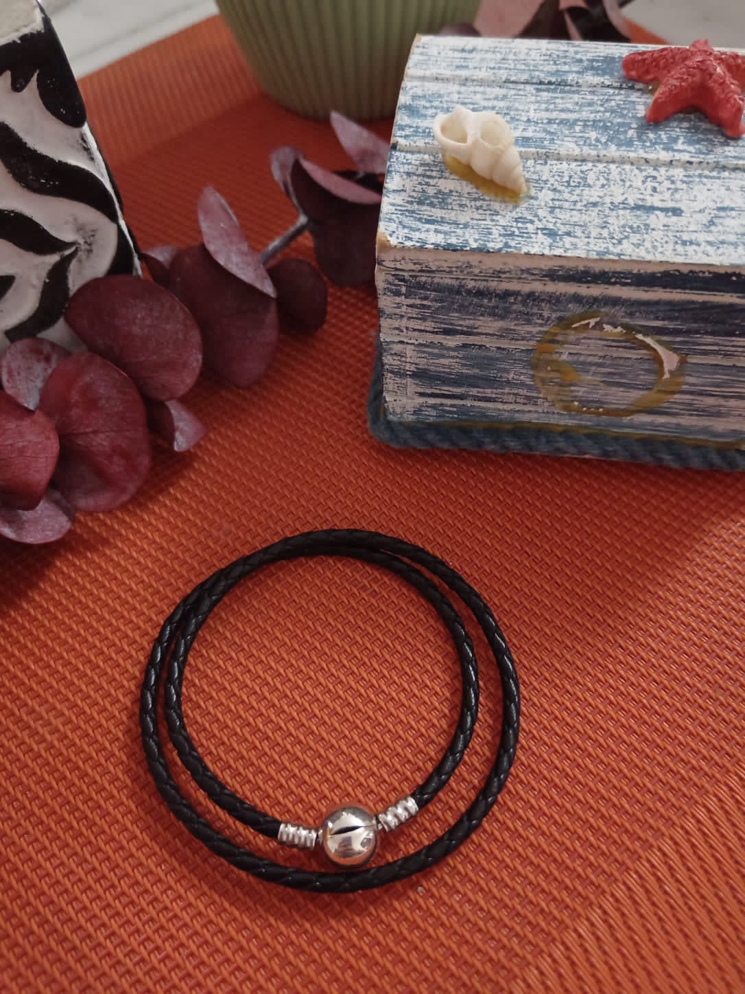 Pulsera Plata Cuero Negra Hombre