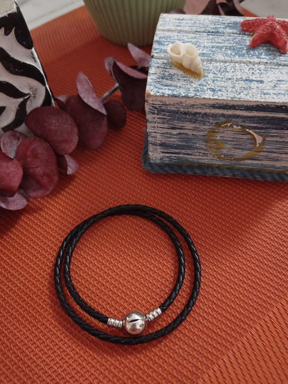 Pulsera Plata Cuero Negra Hombre