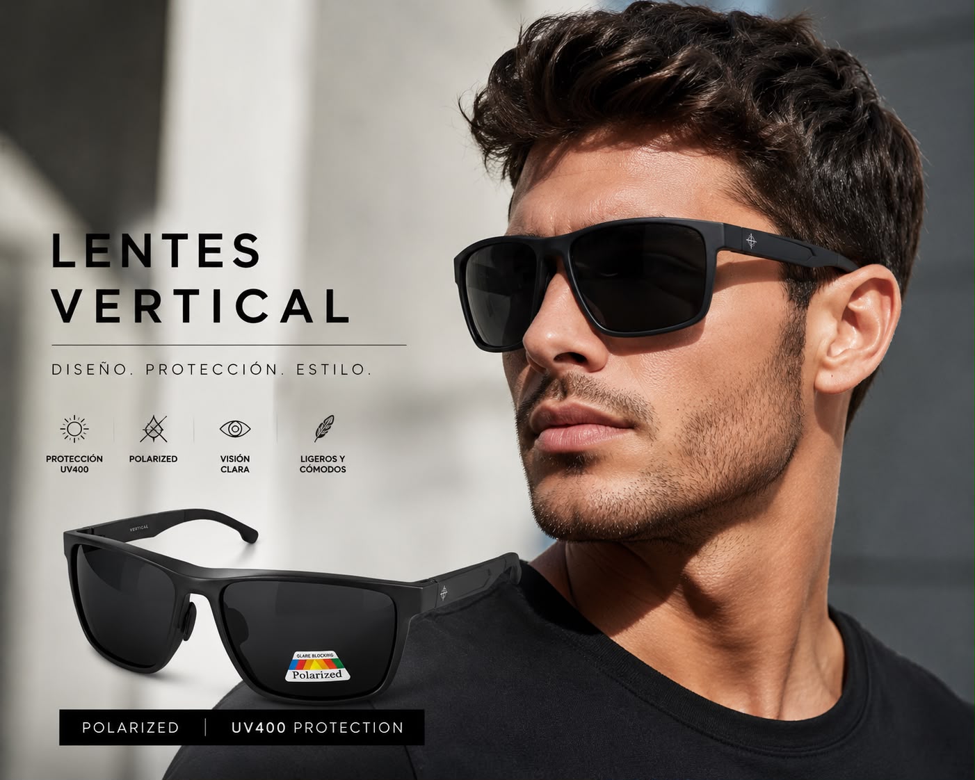 Lentes para el Sol. para caballero  - Marca Vertical -Negro C185