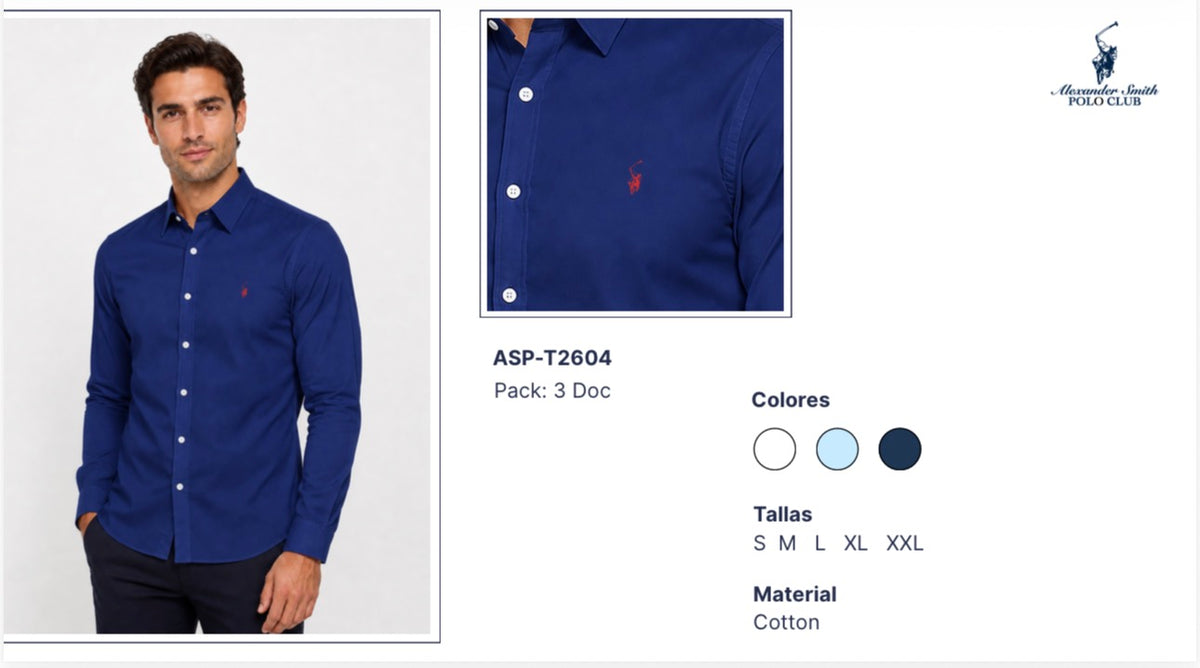 Camisa Polo Club Alexander Smith  Formal Azul Marino  Manga Larga NK27