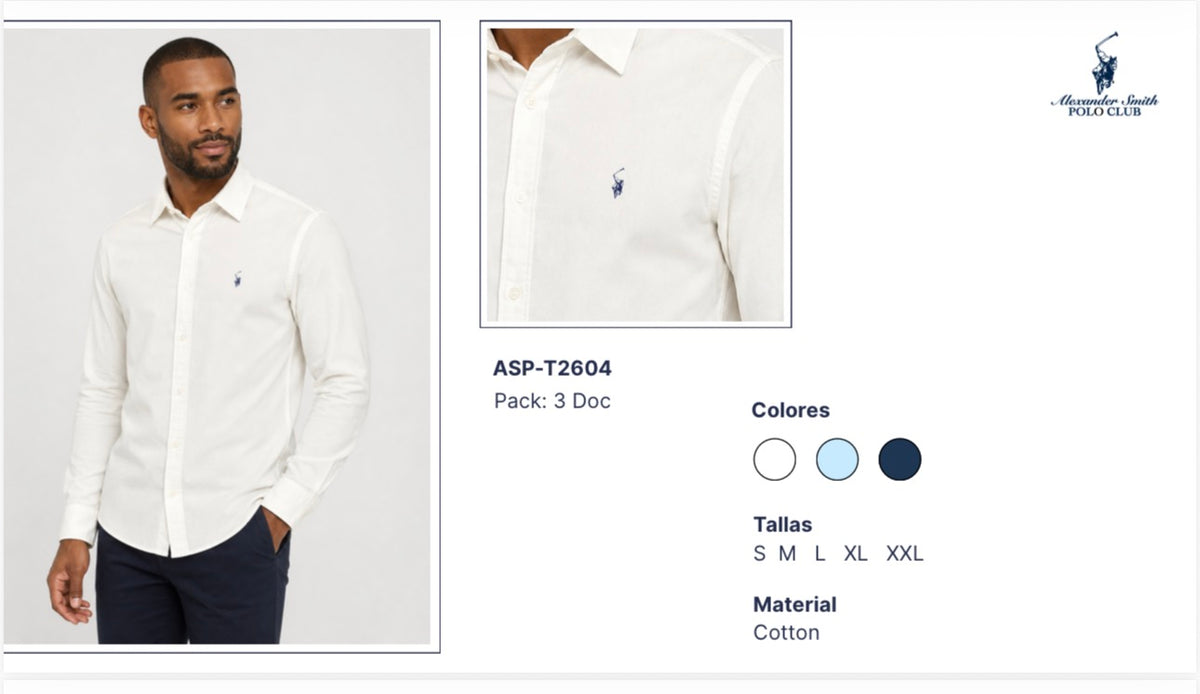 Camisa Polo Club Alexander Smith  Formal Blanco  Manga Larga NK27