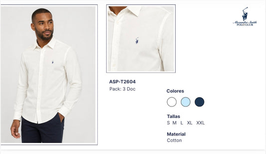Camisa Polo Club Alexander Smith  Formal Blanco  Manga Larga NK27