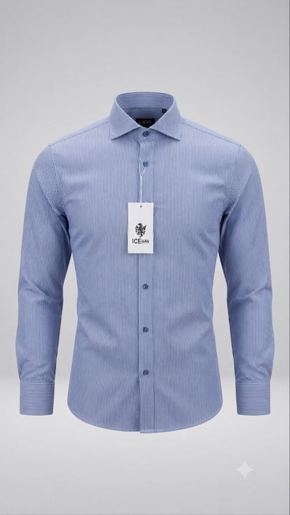 Camisa Formal Manga Larga rayada. Azul Marino-Blanco NK14