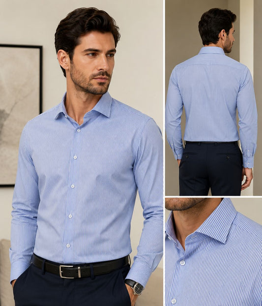 Camisa Formal Manga Larga rayada. Azul Celeste-Blanco NK14