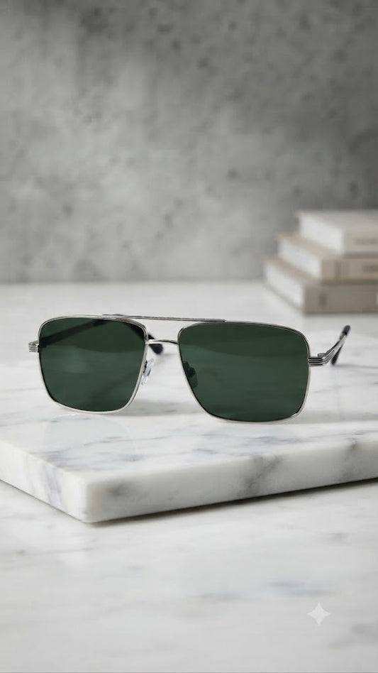 Lentes para el Sol. para caballero  -  Metal Plateado-Lente Verde  C190